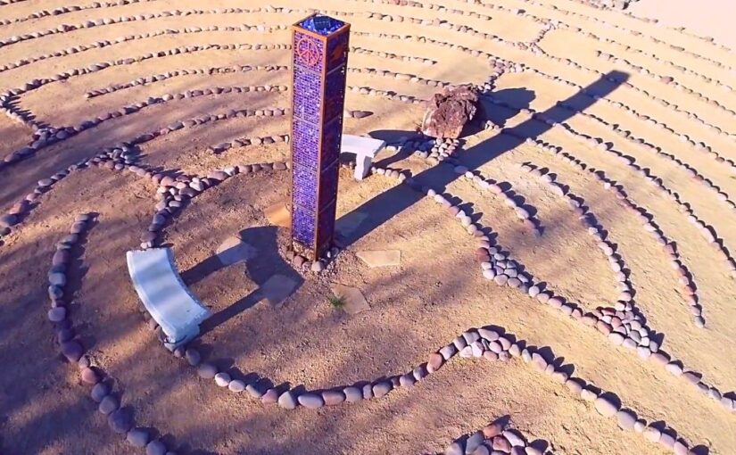 labyrinth and peace pole and bench