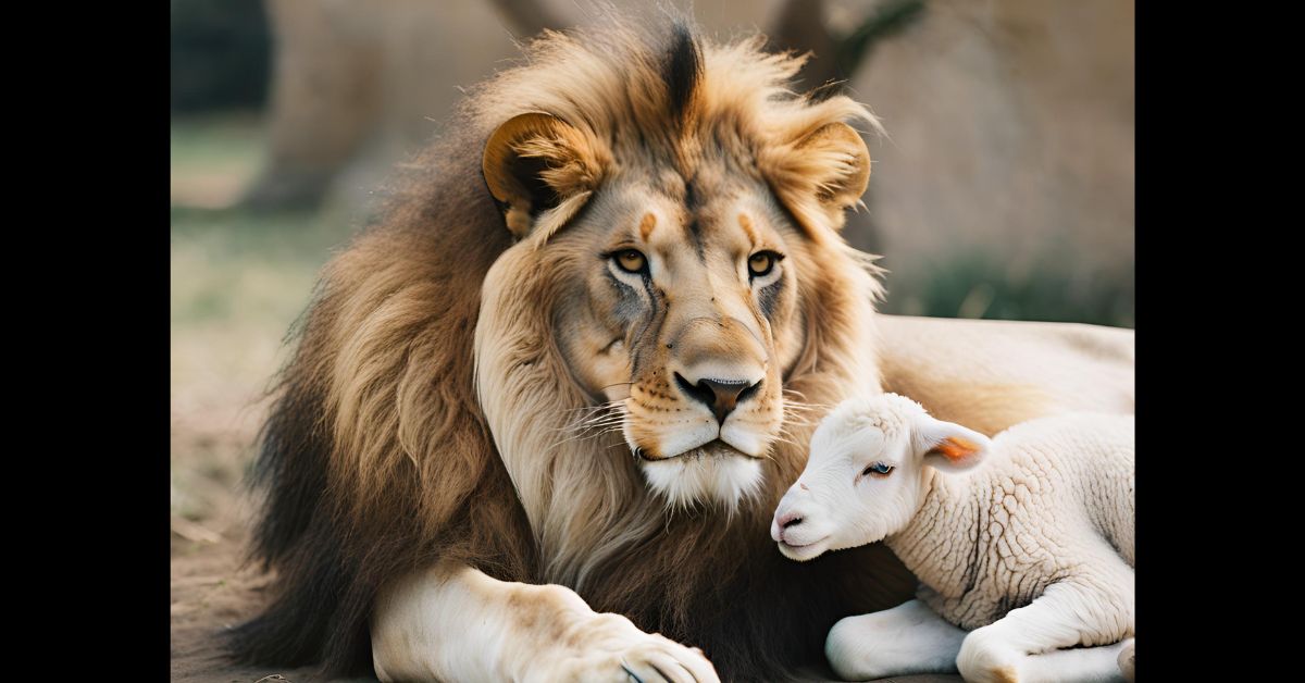 a lion lying down with a lamb